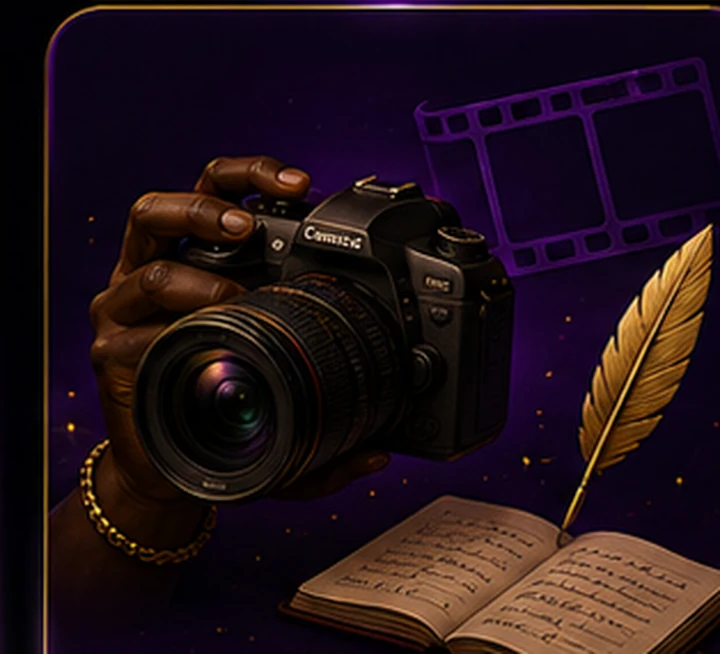 Dark brown skin hand holding a camera with creative tools