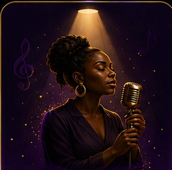 Dark brown skin featured artist singing under a spotlight