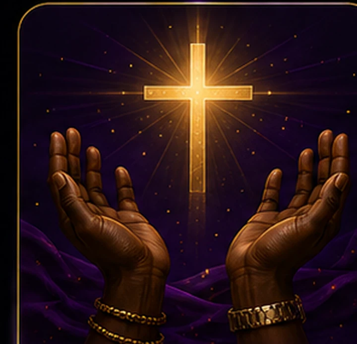 Dark brown skin worship hands lifted toward a glowing cross